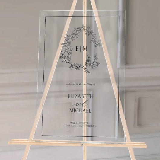 Navy Blue Leafy Crest Monogram Welkomstbruiloft Acryl Bord