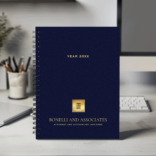 Navy Blue Leather Look Zakelijke logo en naam Planner
