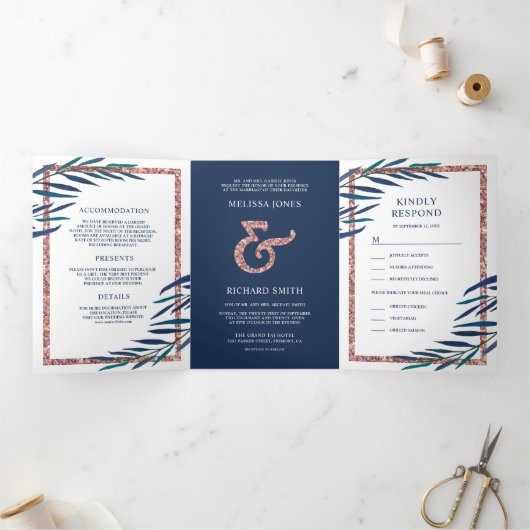 Navy Blue Leaves Branch Roos Gold Glitter Bruiloft Drieluik Uitnodiging (Binnen)