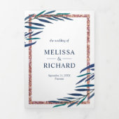 Navy Blue Leaves Branch Roos Gold Glitter Bruiloft Drieluik Uitnodiging (Cover)