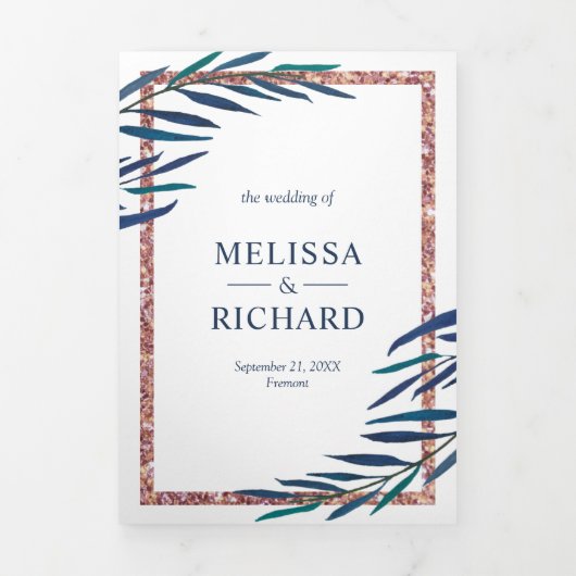 Navy Blue Leaves Branch Roos Gold Glitter Bruiloft Drieluik Uitnodiging (Cover)