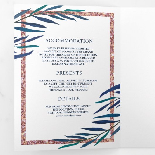 Navy Blue Leaves Branch Roos Gold Glitter Bruiloft Drieluik Uitnodiging (Binnenzijde eerst)