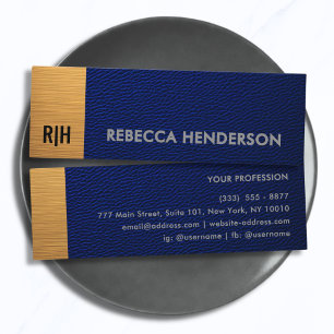 Navy Blue Leer & Metallic Goud Panel Monogram Mini Visitekaartje