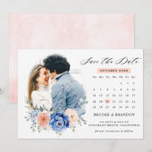 Navy Blue Leiste Stof Stof Roze Bloem Bruiloft Fot Save The Date (Voorkant / Achterkant)