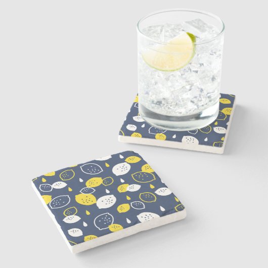 Navy Blue Lemon Art – Verfrissend Citrus Design Stenen Onderzetter (Zijkant)