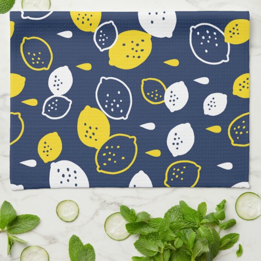 Navy Blue Lemon Art – Verfrissend Citrus Design Theedoek (Gevouwen)
