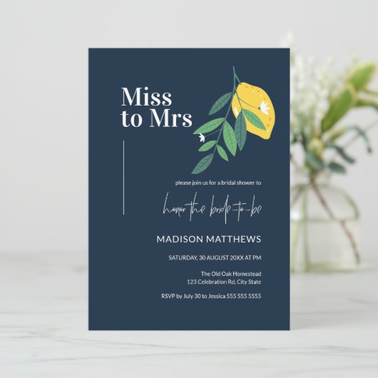 Navy Blue Lemon Citrus Summer Vrijgezellenfeest Kaart (Staand voorkant)