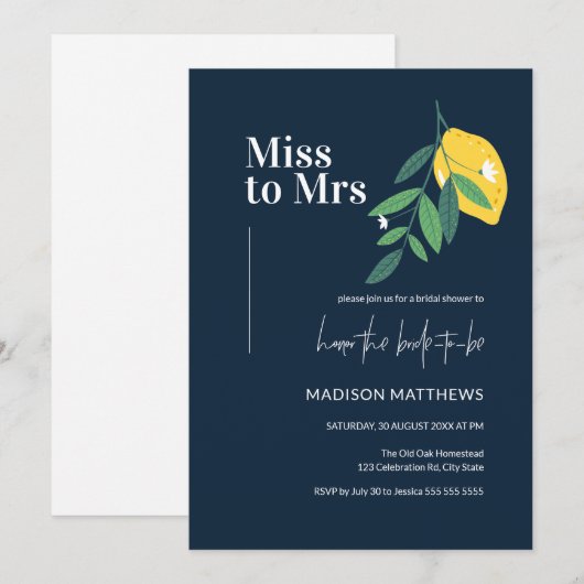 Navy Blue Lemon Citrus Summer Vrijgezellenfeest Kaart (Voorkant / Achterkant)