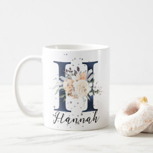 Navy Blue Letter H Perzik Crème Bloemen Monogram Koffiemok
