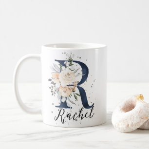 Navy Blue Letter R Perzik Crème Bloemen Monogram Koffiemok