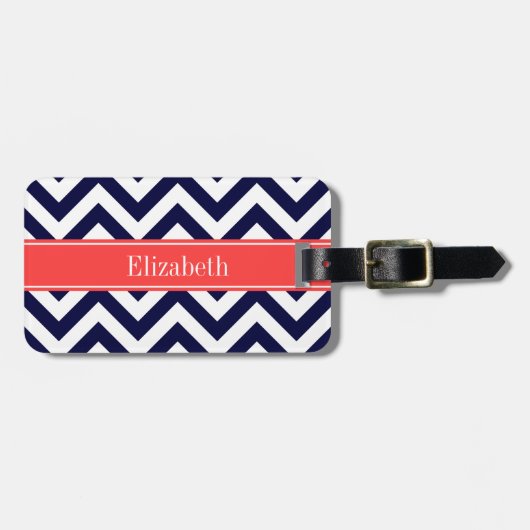 Navy Blue Lg Chevron Coral Red Name Monogram Bagagelabel (Voorkant horizontaal)