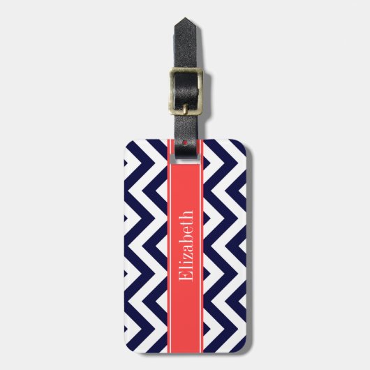 Navy Blue Lg Chevron Coral Red Name Monogram Bagagelabel (Voorkant verticaal)