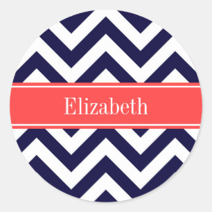 Navy Blue Lg Chevron Coral Red Name Monogram Ronde Sticker