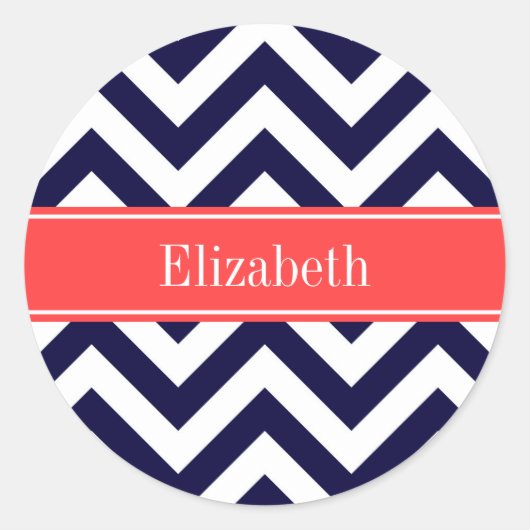 Navy Blue Lg Chevron Coral Red Name Monogram Ronde Sticker (Voorkant)