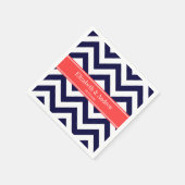Navy Blue Lg Chevron Coral Red Name Monogram Servet (Hoek)