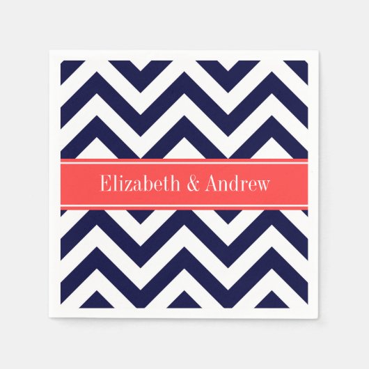 Navy Blue Lg Chevron Coral Red Name Monogram Servetten (Voorkant)