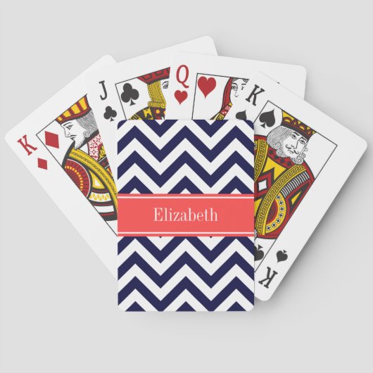 Navy Blue Lg Chevron Coral Red Name Monogram Speelkaarten (Achterkant)