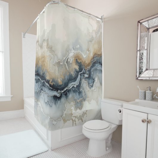 Navy Blue Lichtblauw Bruin Grijs Modern Abstract Douchegordijn (In situ)