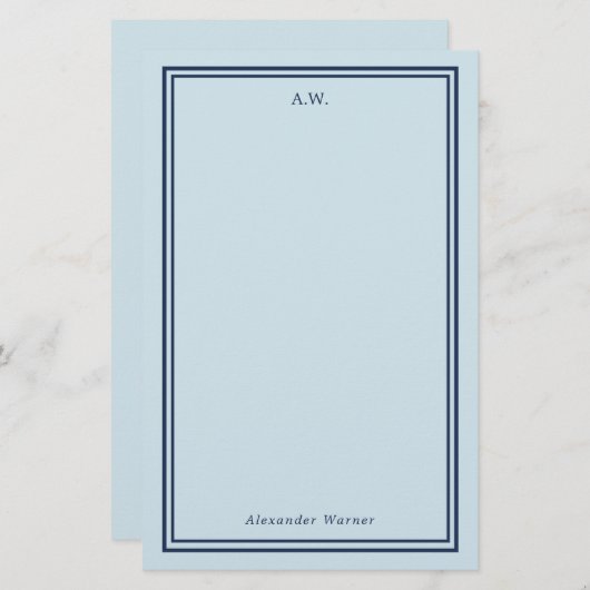 Navy Blue Light Blue Monogramed Stationery Briefpapier (Voorkant / Achterkant)