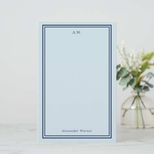 Navy Blue Light Blue Monogramed Stationery Briefpapier (Staand voorkant)