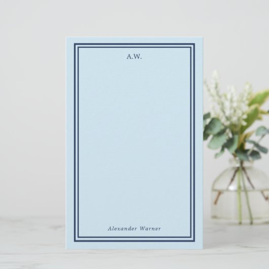 Navy Blue & Light Blue Monogrammed Briefpapier (Staand voorkant)