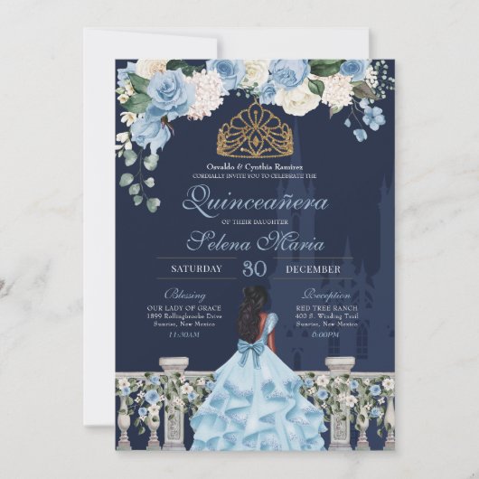 Navy Blue Light Blue Rozen Princess Quinceañera Kaart (Voorkant)