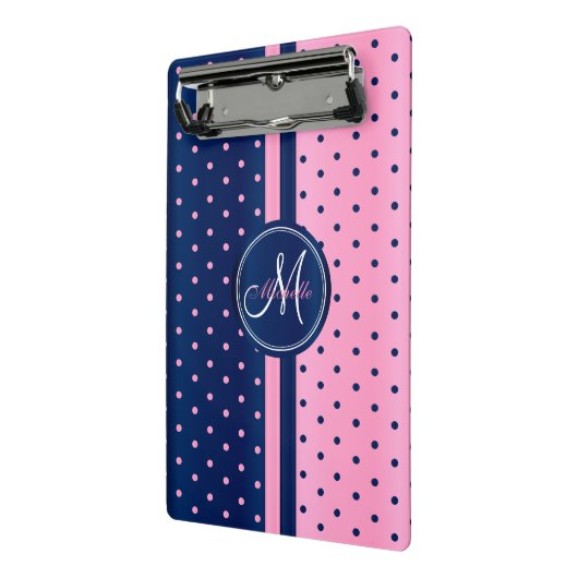 Navy Blue & Light Pink Polka Dots - Monogram Mini Klembord (Angled2)