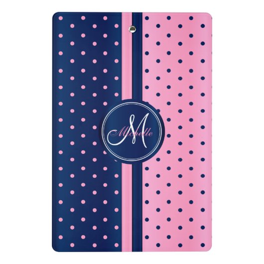 Navy Blue & Light Pink Polka Dots - Monogram Mini Klembord (Achterkant)