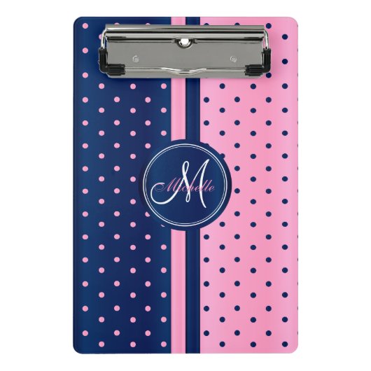 Navy Blue & Light Pink Polka Dots - Monogram Mini Klembord (Voorkant)