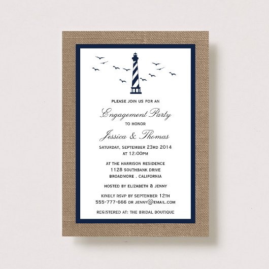 Navy Blue Lighthouse op Burlap Nautical Verloving Kaart
