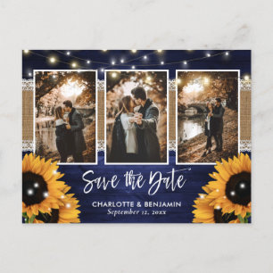 Navy Blue Lights Sunflower 3 Foto Save the Date Aankondigingskaart