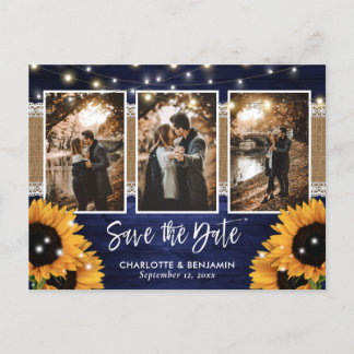 Navy Blue Lights Sunflower 3 Foto Save the Date Aankondigingskaart