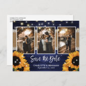 Navy Blue Lights Sunflower 3 Foto Save the Date Aankondigingskaart (Voorkant / Achterkant)