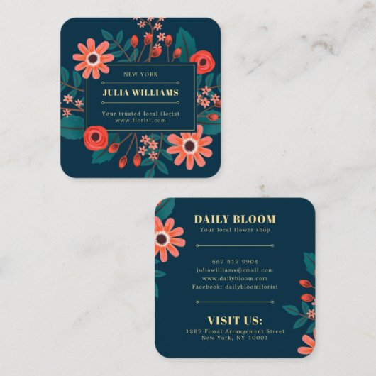 Navy blue lijst floral boho flower bouquet vierkante visitekaartje (Voorkant / Achterkant)