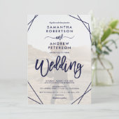 Navy blue lijst, gewoon fotoscript bruiloft kaart (Staand voorkant)