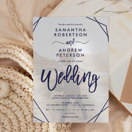 Navy blue lijst, gewoon fotoscript bruiloft kaart