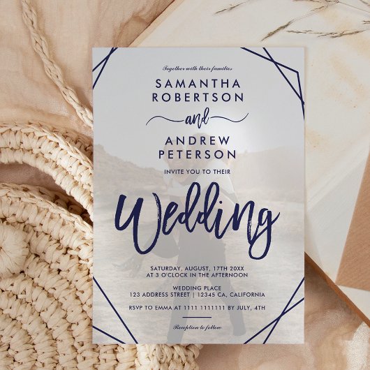 Navy blue lijst, gewoon fotoscript bruiloft kaart