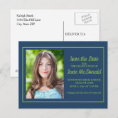Navy Blue Lime Green Afstuderen Save the Date Aankondigingskaart (Voorkant / Achterkant)
