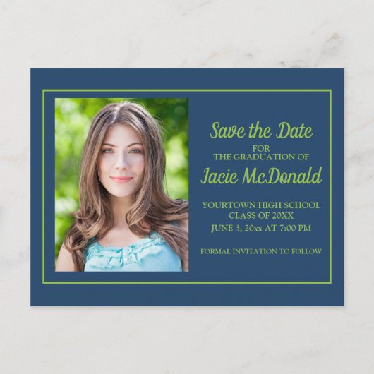 Navy Blue Lime Green Afstuderen Save the Date Aankondigingskaart (Voorkant)