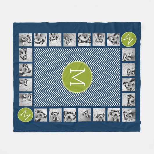 Navy Blue Lime Green Chevrons Custom Monogram Fleece Deken (Voorkant (Horizontaal))