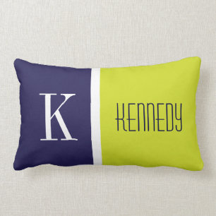 Navy Blue Lime Green Color Block Stripe Monogram Kussen