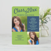 Navy Blue Lime Green Graduation Party nodigt uit Kaart (Staand voorkant)