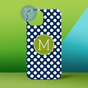 Navy Blue & Lime Green Polka Dots Custom Monogram Case-Mate iPhone 14 Hoesje