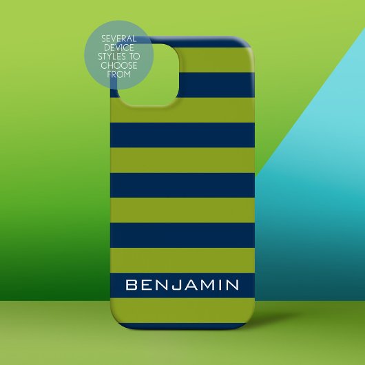 Navy Blue Lime Green Rugby Stripes Custom Name Case-Mate iPhone Case