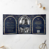 Navy Blue Line Art Gold Arch Butterfly Wedding Drieluik Uitnodiging (Binnen)