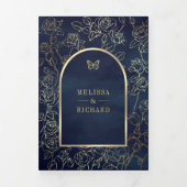 Navy Blue Line Art Gold Arch Butterfly Wedding Drieluik Uitnodiging (Cover)