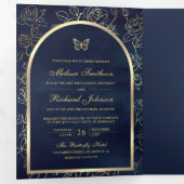Navy Blue Line Art Gold Arch Butterfly Wedding Drieluik Uitnodiging (Binnenzijde eerst)