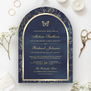 Navy Blue Line Art Gold Arch Butterfly Wedding Kaart