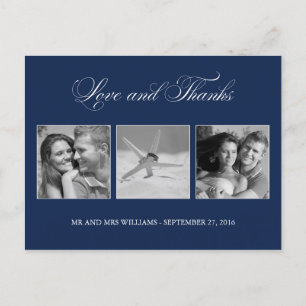 Navy Blue Love and Bedankt Wedding 3-Photo Templat Briefkaart