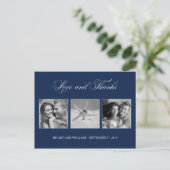 Navy Blue Love and Bedankt Wedding 3-Photo Templat Briefkaart (Staand voorkant)